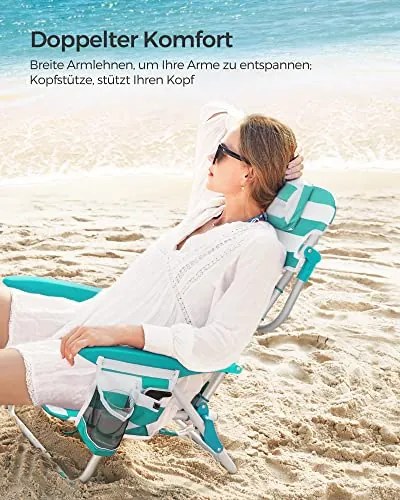 Strandszék, összecsukható kempingszék, hordozható kültéri szék, állítható háttámlával, zöld és fehér