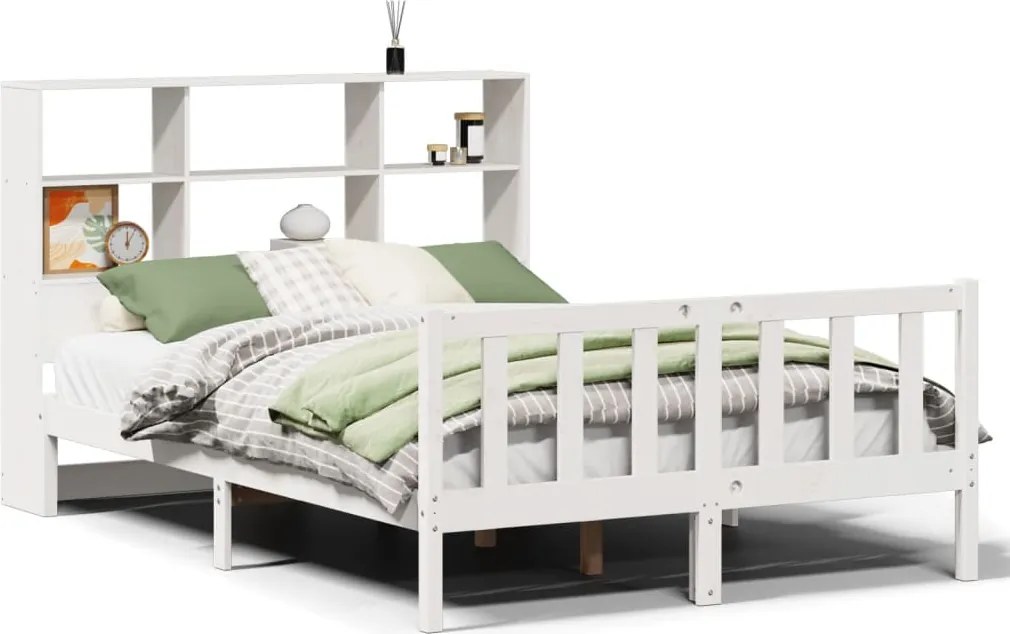 vidaXL fehér tömör fenyőfa könyvespolcos ágy matrac nélkül 160x200 cm