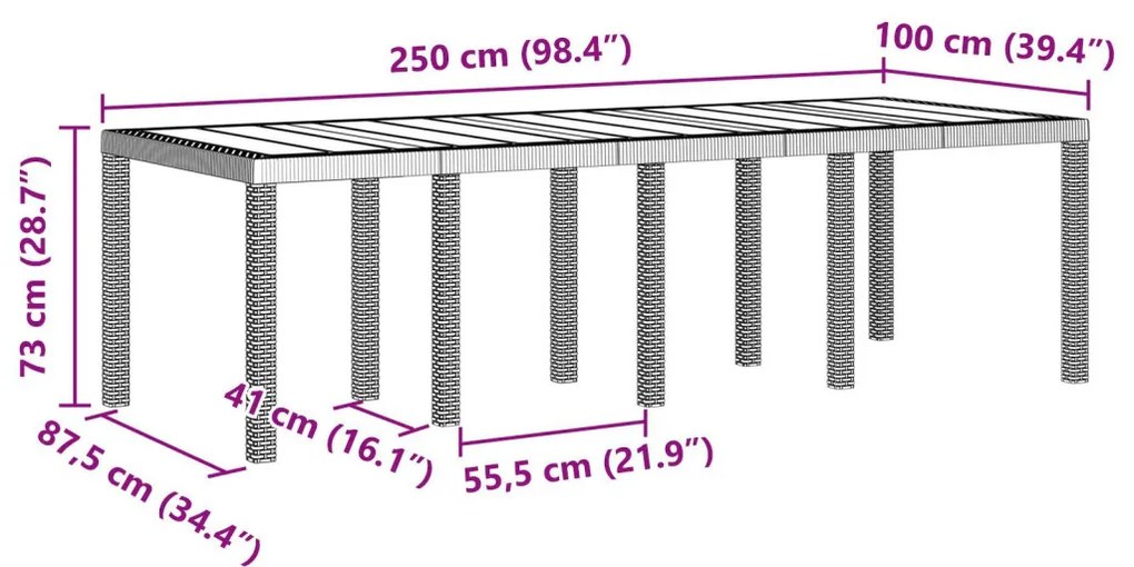 Kerti Asztal Fehér 250x100x73 cm Poly Rattan