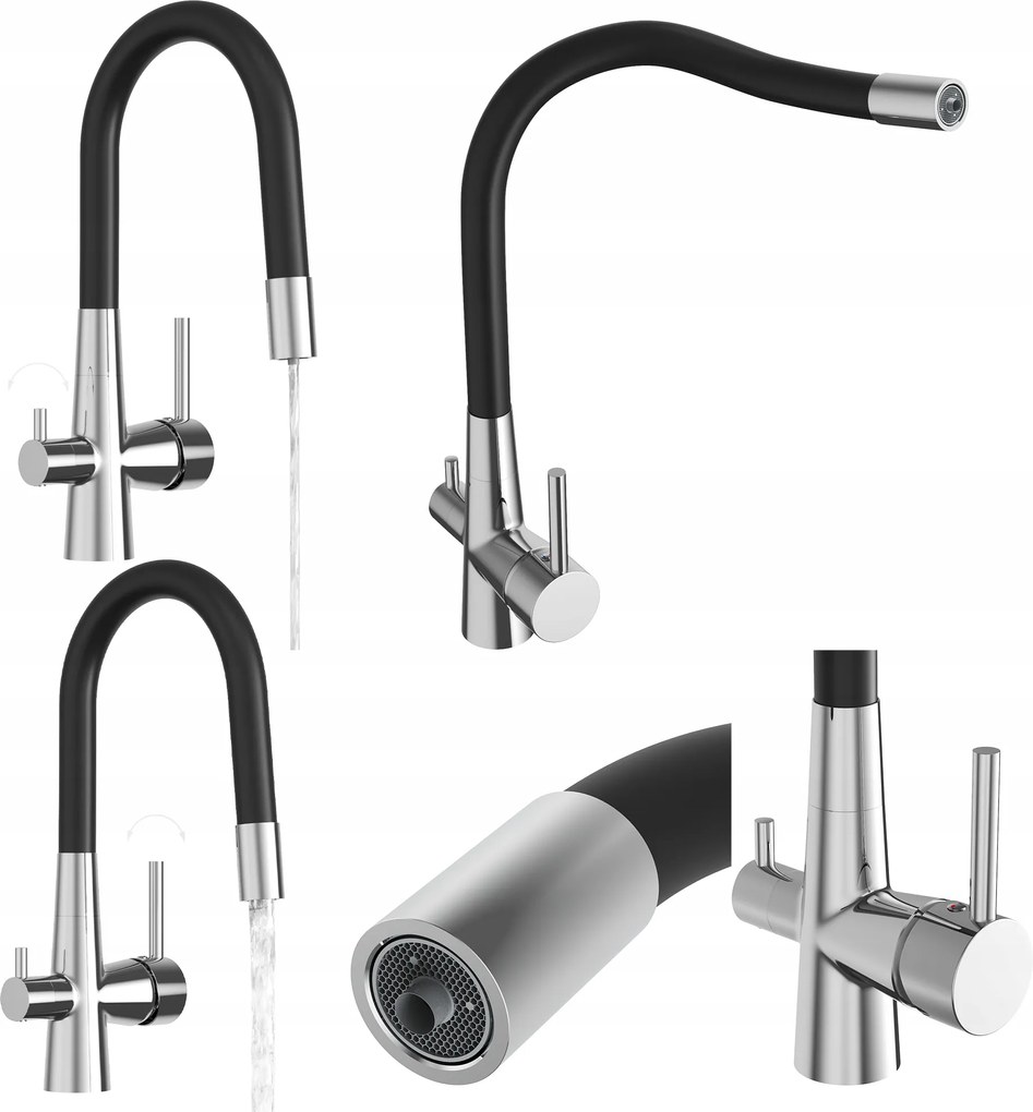 Háromutas Konyhai Csaptelep Fekete, Flexibilis Kifolyócsővel Vízszűrő Csaptelep