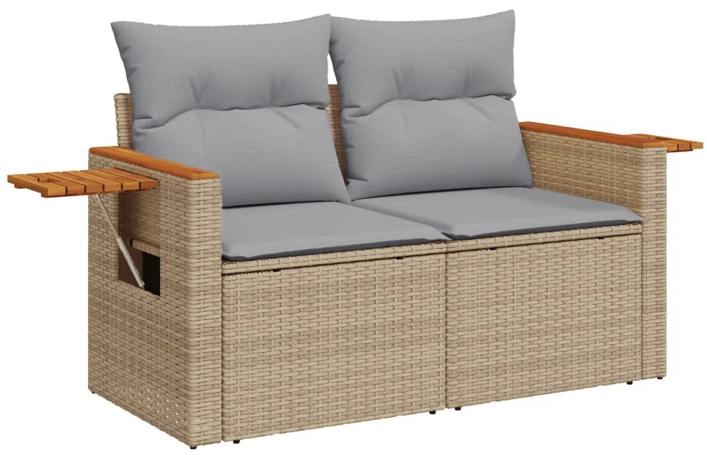 12 Darabos Kert Sofa Készlet Párnákkal Bézs Poli Rattan Akácia, 3 Darabos Kert Étkező Készlet Párnákkal Bézs Poli Rattan Akácia