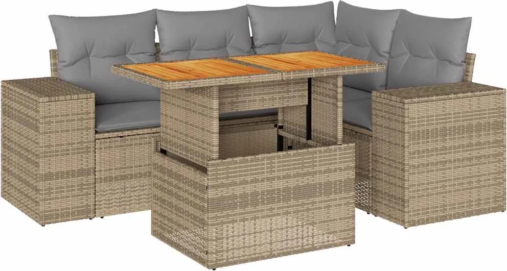 vidaXL 5 részes bézs polyrattan kerti ülőgarnitúra párnákkal