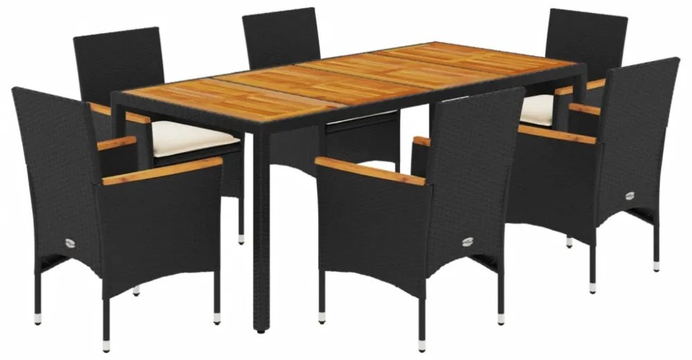 vidaXL7részes fekete polyrattan/akácfa kerti étkezőgarnitúra párnákkal