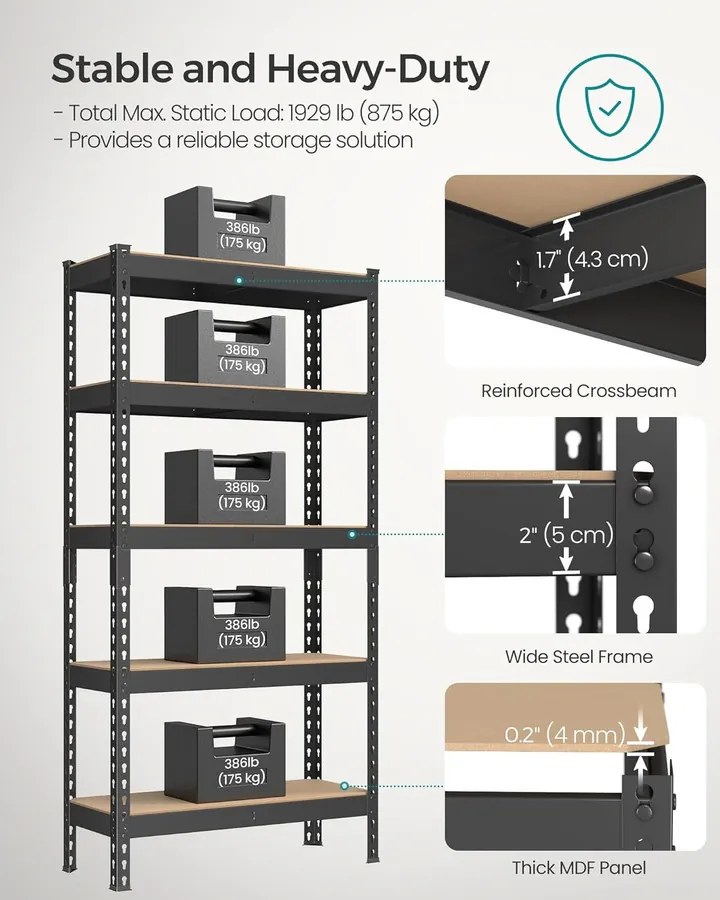 SONGMICS 5 szintes polcrendszer készlet 2 db-os,  30×75×150 cm, fekete
