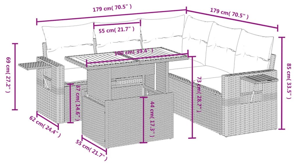 6 részes fekete polyrattan kerti ülőgarnitúra párnákkal