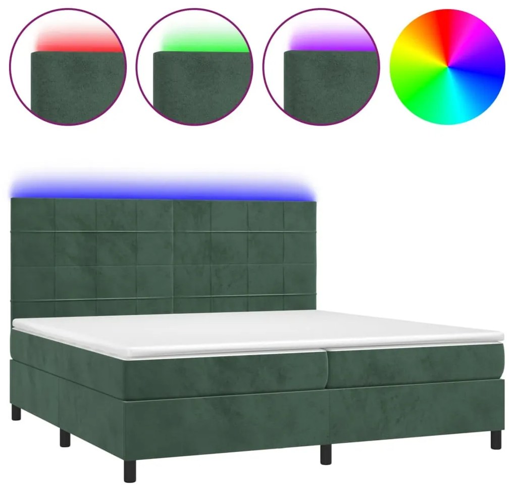 sötétzöld bársony rugós és LED-es ágy matraccal 200x200 cm