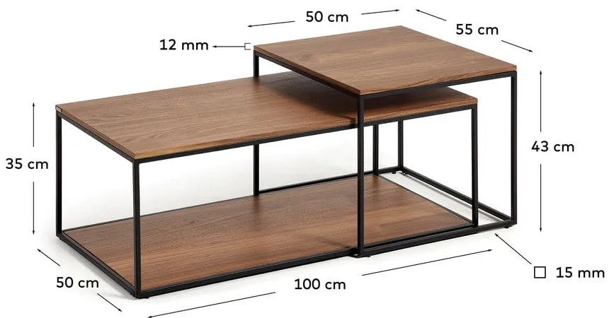 Barna dohányzóasztal szett diófa dekoros asztallappal, 2 db-os 50x100 cm Yoana – Kave Home