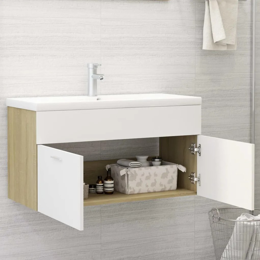 Fehér és sonoma tölgy szerelt fa mosdószekrény 90x38,5x46 cm