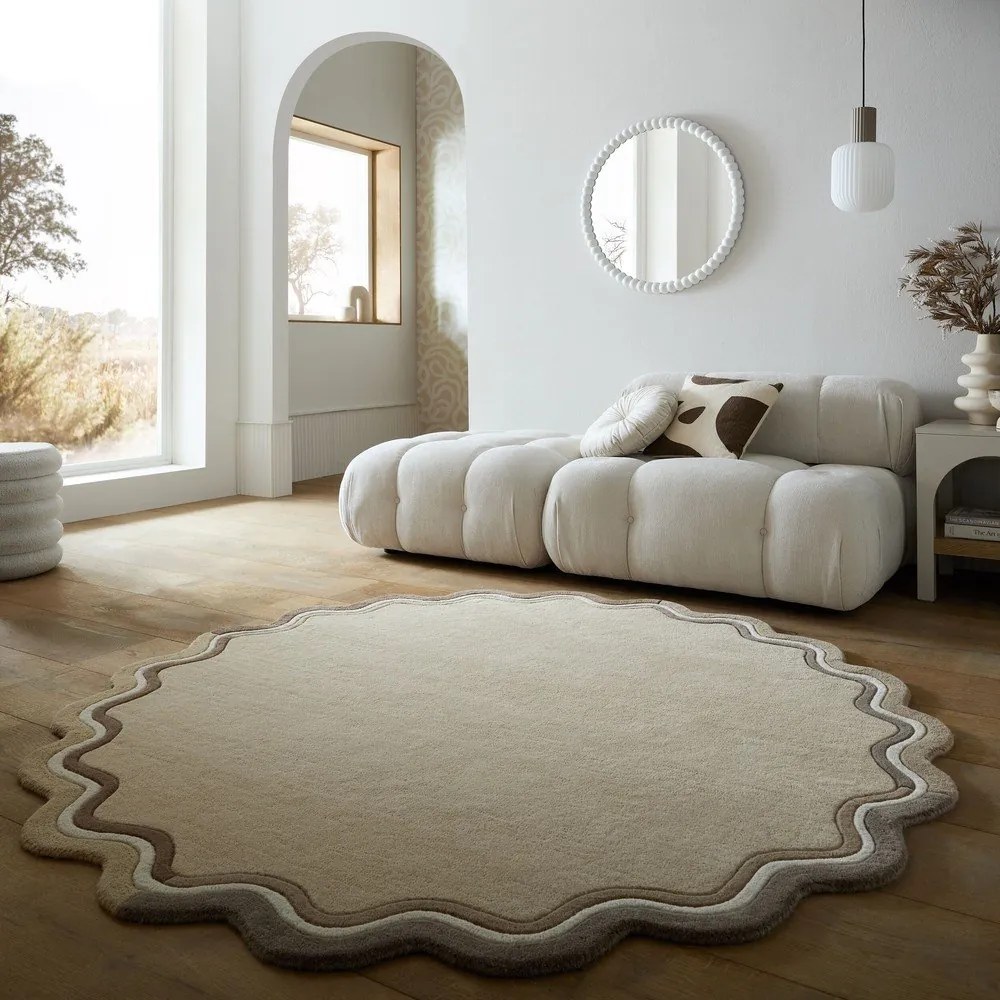 Natúr színű kézi szövésű gyapjú kerek szőnyeg ø 180 cm Leo Scallop – Flair Rugs