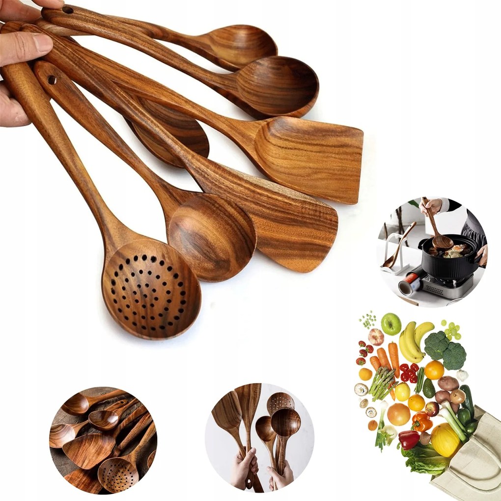 Konyhai Eszköz Készlet, Természetes Teakfa Konyhai Kiegészítő Készlet, Kanál, Spatulák