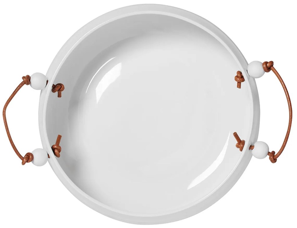 Fehér porcelán tál bőr fogantyúval