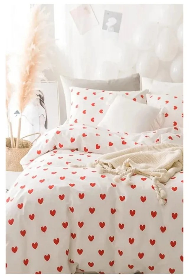 Krémszínű kétszemélyes hosszabbított négyrészes renforcé pamut ágyneműhuzat lepedővel 200x220 cm Mini Hearts – Mila Home