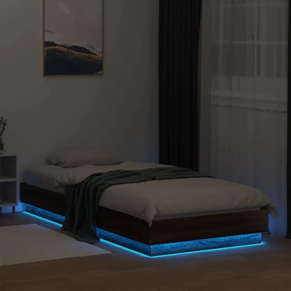 barna tölgy színű ágykeret LED-világítással 90 x 200 cm