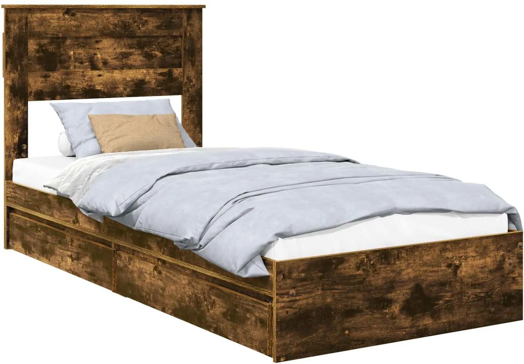 vidaXL Tárolós Ágy fejtámlával Füstölt tölgy 90 x 190 cm Faanyag