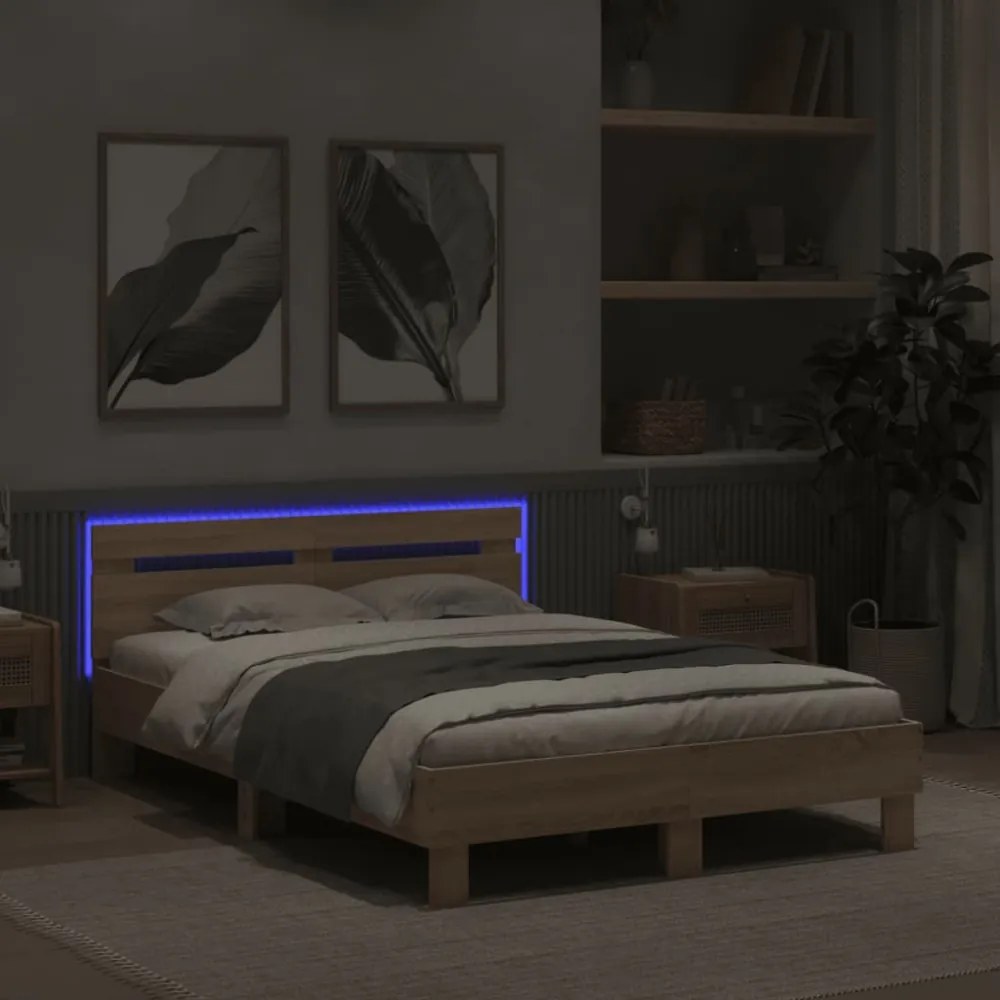 sonoma tölgy színű ágykeret fejtámlával és LED-del 120x200 cm