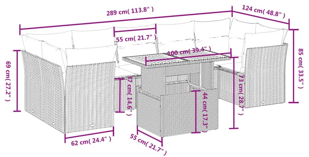 8 részes bézs polyrattan kerti ülőgarnitúra párnával