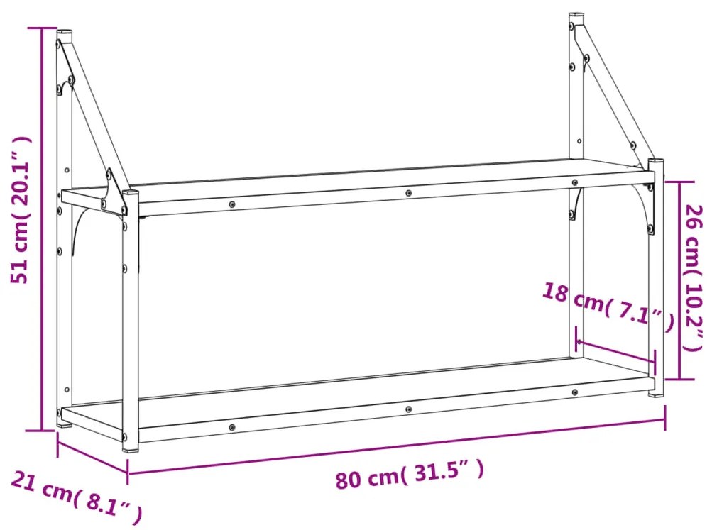 2 szintes fekete szerelt fa fali polc 80x21x51 cm