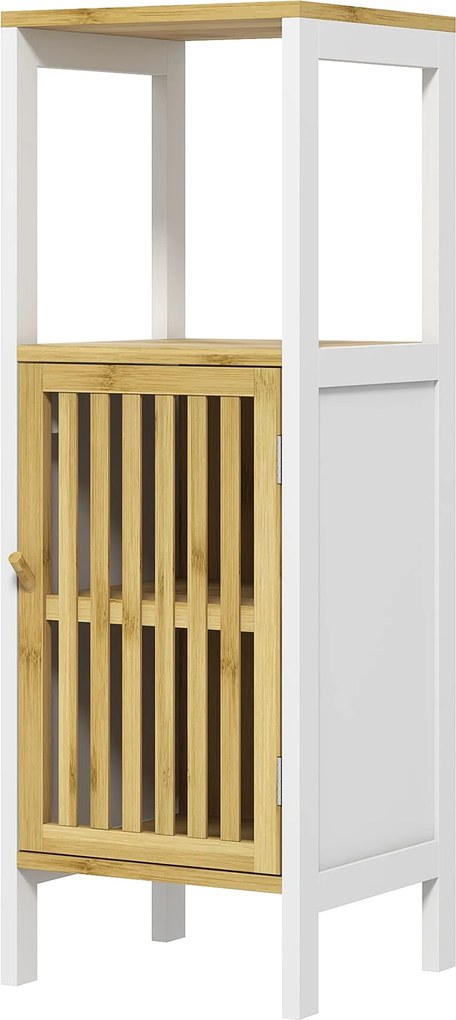 HOMCOM Magas Fürdőszoba Szekrény Fürdőoszlop Segéd Fürdőbútor 1 Nyitott Polccal, 1 Ajtóval és 1 Állítható Polccal 32x30x90.5 cm Természetes és Fehér |