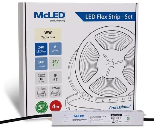 McLED  LED szalag - készlet 4 m, 240 LED/m, WW, 6 W/m, DC 24V, 500 lm/m, CRI90, IP67, 10 mm, Vezető 3 m ML-126.034.90.S04001