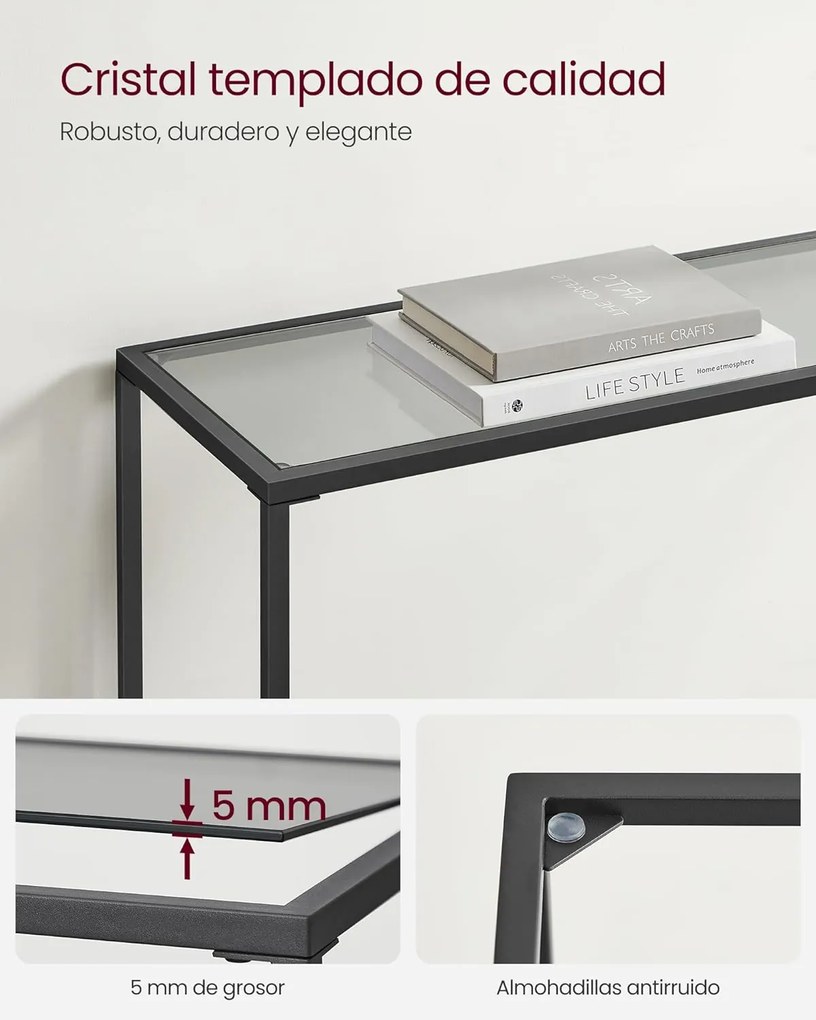 Konzolasztal, oldalsó asztal, edzett üveg asztallap, fekete és szürke