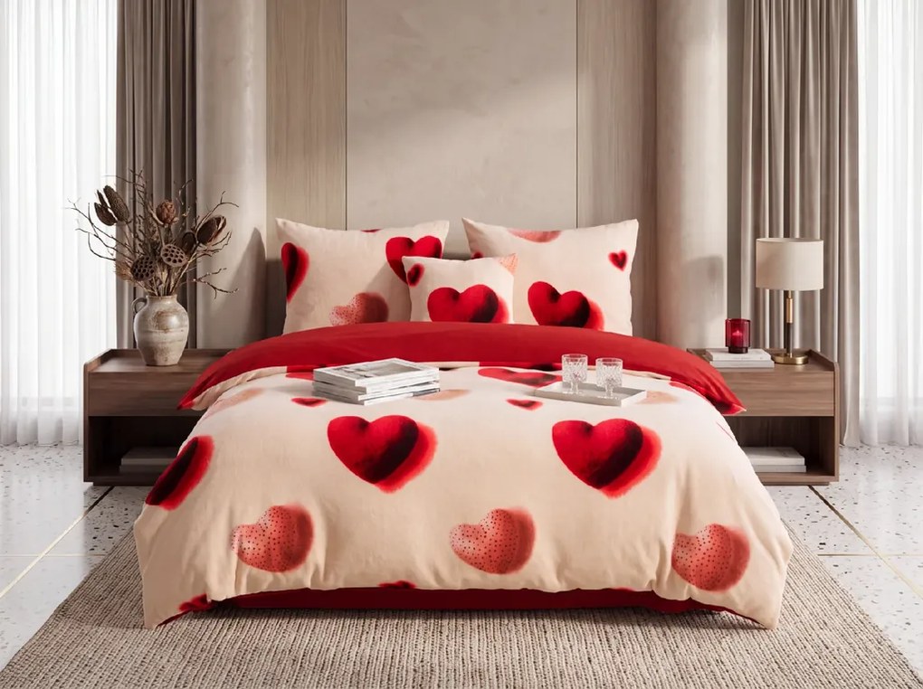 Kétrétegű ágynemű DUO SENSE HEARTELLE krém mikroplüss/flanel Ágyneműhuzat mérete: 2 db 70 x 90 cm | 200 x 220 cm