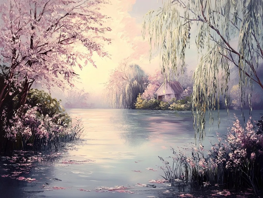 Vászonkép Canvas Tájkép Tavasz Víz Tó Fűzfa Cseresznye 100x75