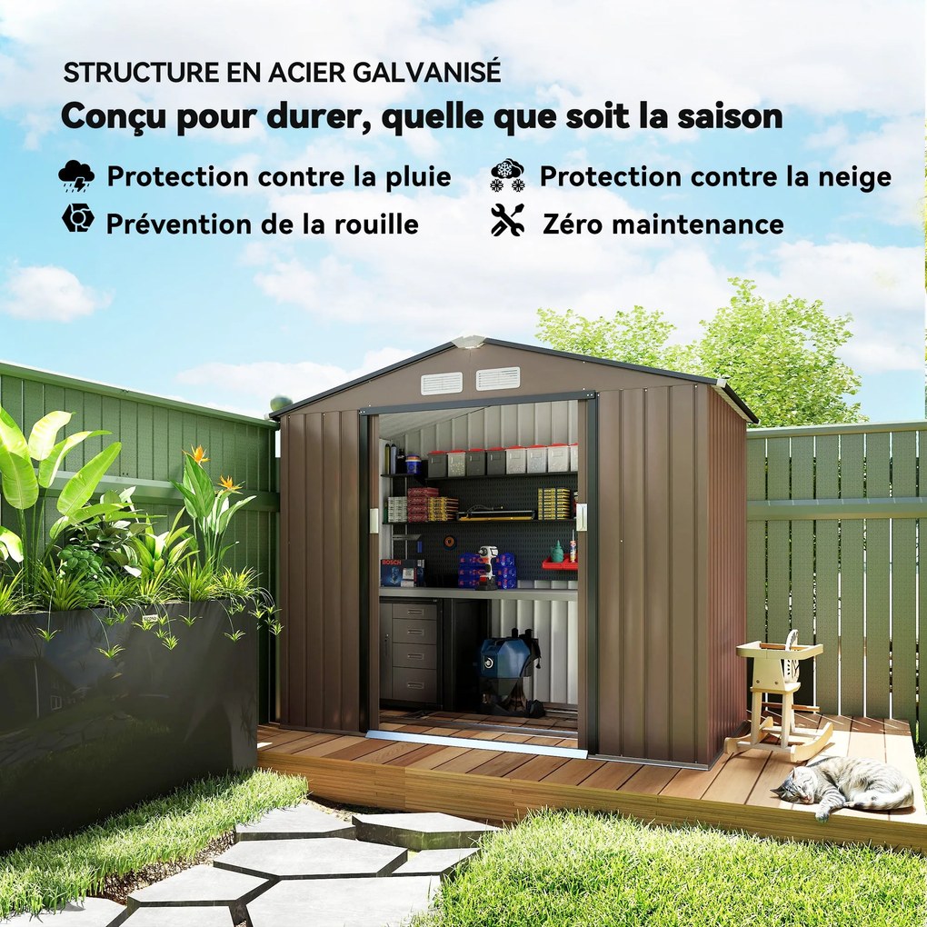 Outsunny Fém Tároló Sátor 2.5m² - Alapzattal Ellátott Tároló Sátor - Zárható Ajtó - Méretek 213L x 130W x 185H cm - Barna Acéllemez | Aosom