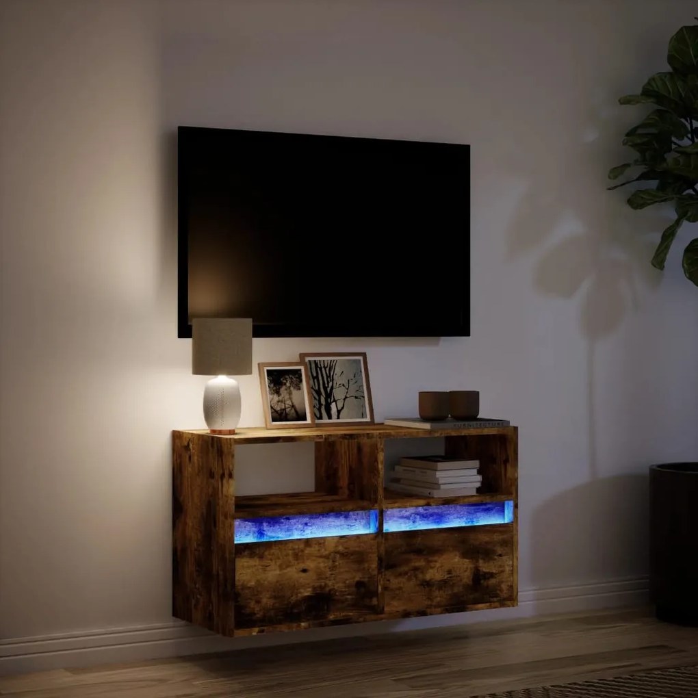 füstös tölgy színű fali TV-szekrény LED-ekkel 80x31x45 cm
