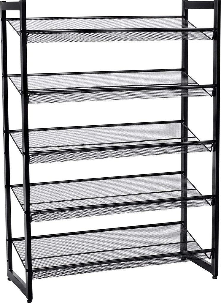 Cipőtartó polc 5 szintes fém háló polcokkal, fekete 74x30x104cm