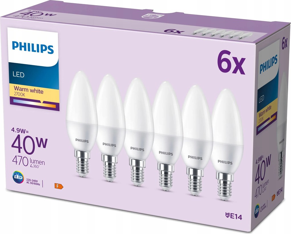 Led izzó Gyertya E14 4.9W 40W 470lm 2700K Meleg Prémium Philips 6 db