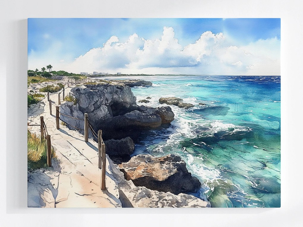 Vászonkép Canvas Tájkép Türkiz Óceán Tengerpart Sziklák Szikla Barlang 80x60