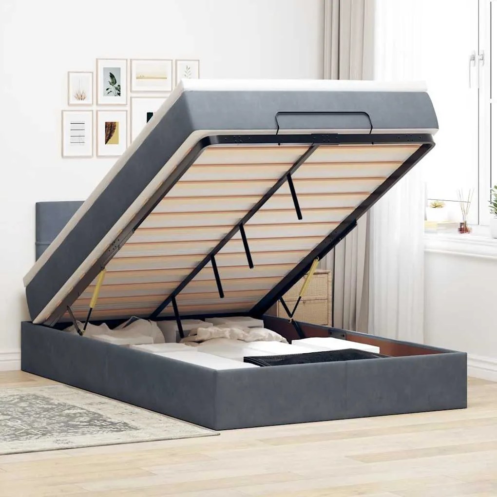 sötétszürke bársony ottomán ágy matraccal &amp; LED-ek 120x190cm