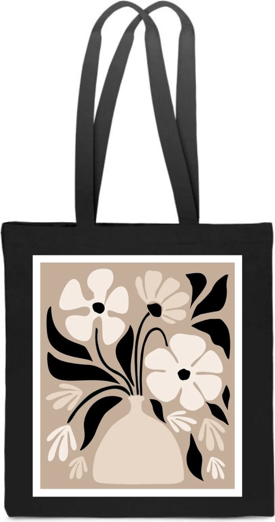 Öko Pamut Táska nyomott mintával Virágok Váza Boho fekete bézs TT_157