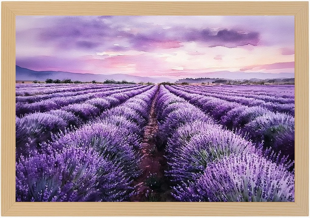Poszter Keret Fa Tájkép Mező Ültetvény Virágok Levendula Lila 60x40