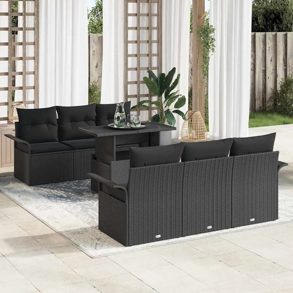vidaXL Kerti Kanapé Szett párnával tárolóval 7 pcs Fekete Poly Rattan