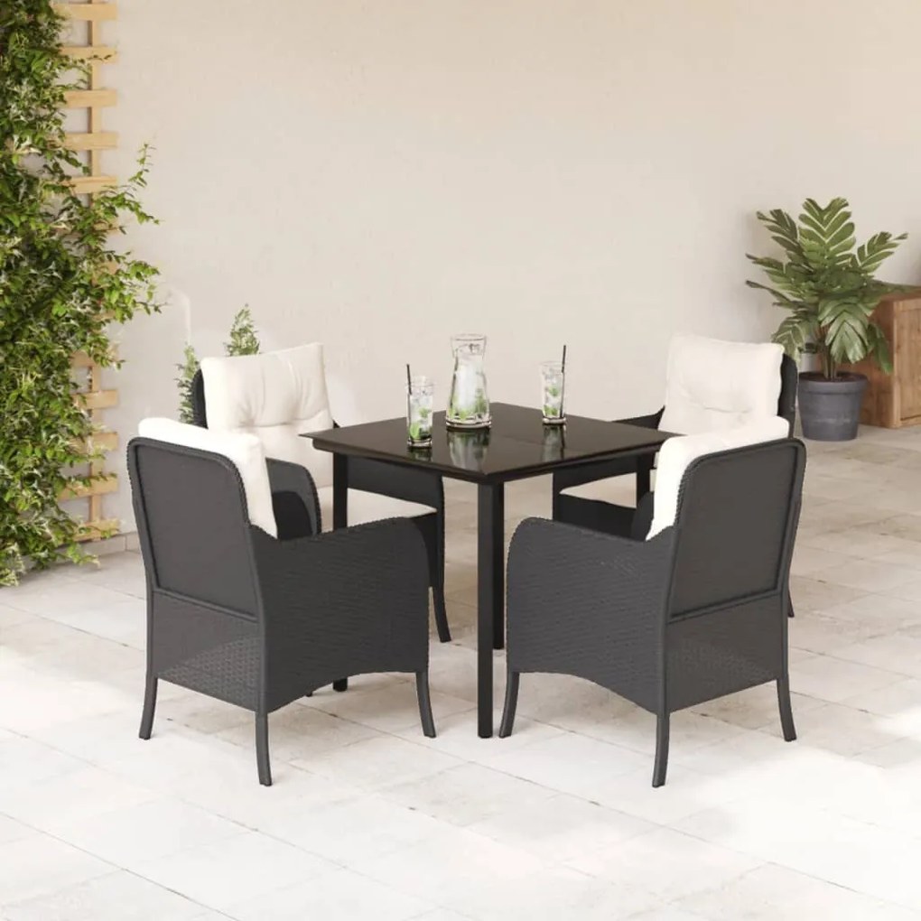 5 részes fekete polyrattan kerti étkezőgarnitúra párnákkal