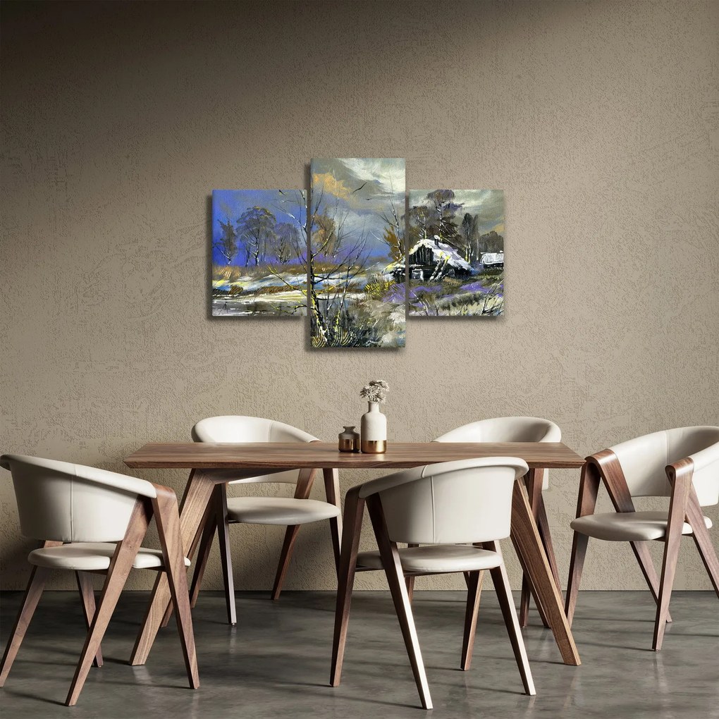 Téli tájon lévő házikó képe, olajfestmény (90x60 cm)