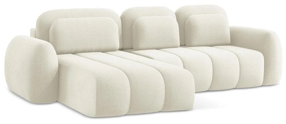 Bézs buklé kinyitható-tárolóhelyes sarokkanapé (bal oldali-heverő résszel) Pele – Makamii