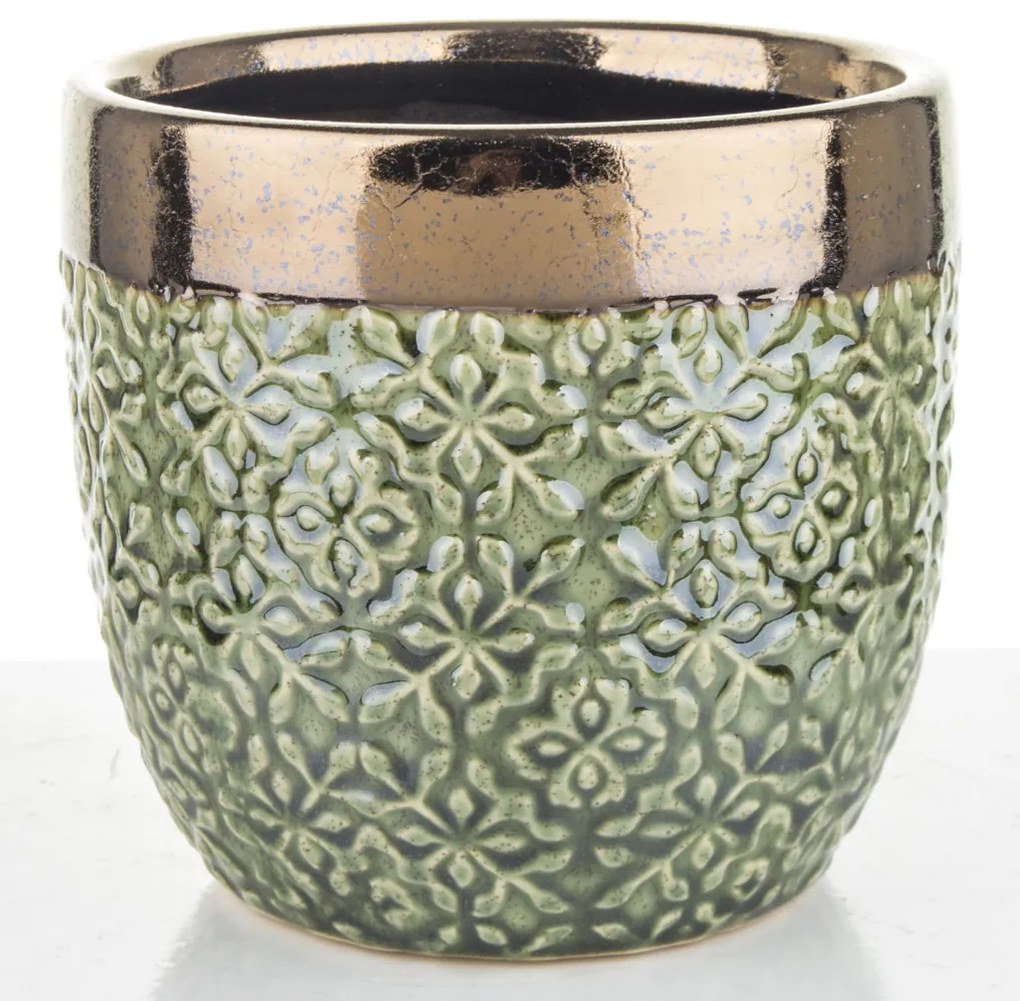 Porto design elegáns dombormintás magasfényű patinazöld virágtartó kaspó 13x13,5x13,5cm