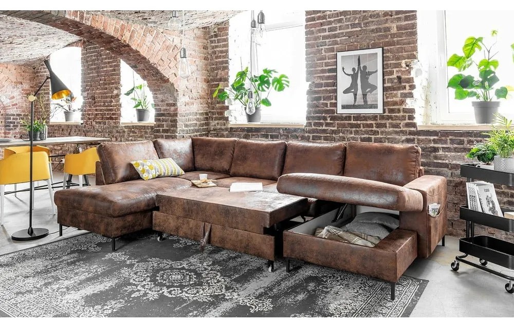 Lofty Lilly Vintage barna kinyitható U alakú bőrutánzat kanapé, bal oldali - Miuform