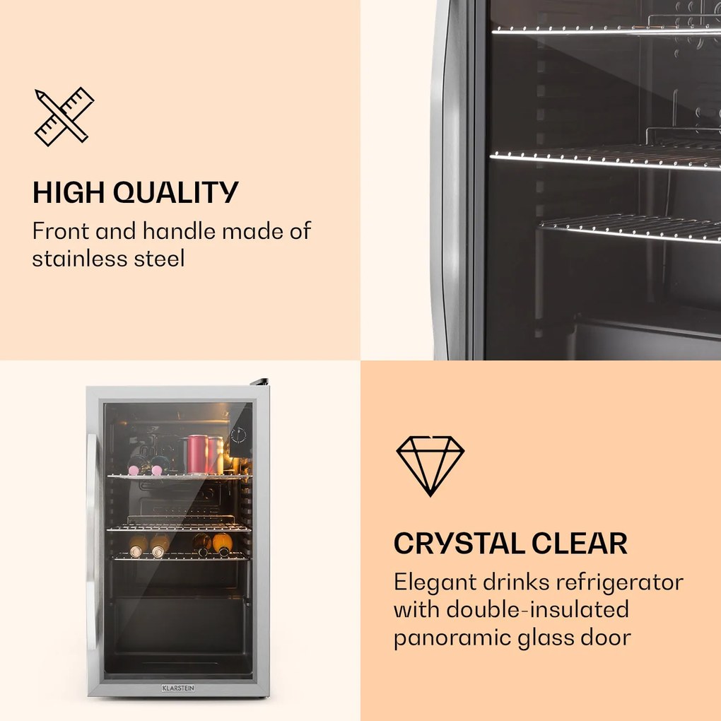 Klarstein Beersafe XXL, hűtőszekrény, 80 liter, E energiahatékonysági osztály, panoráma üvegajtó