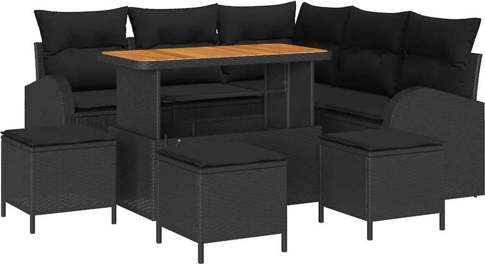 vidaXL Kerti Kanapé Szett párnával 9 pcs Fekete polirattan