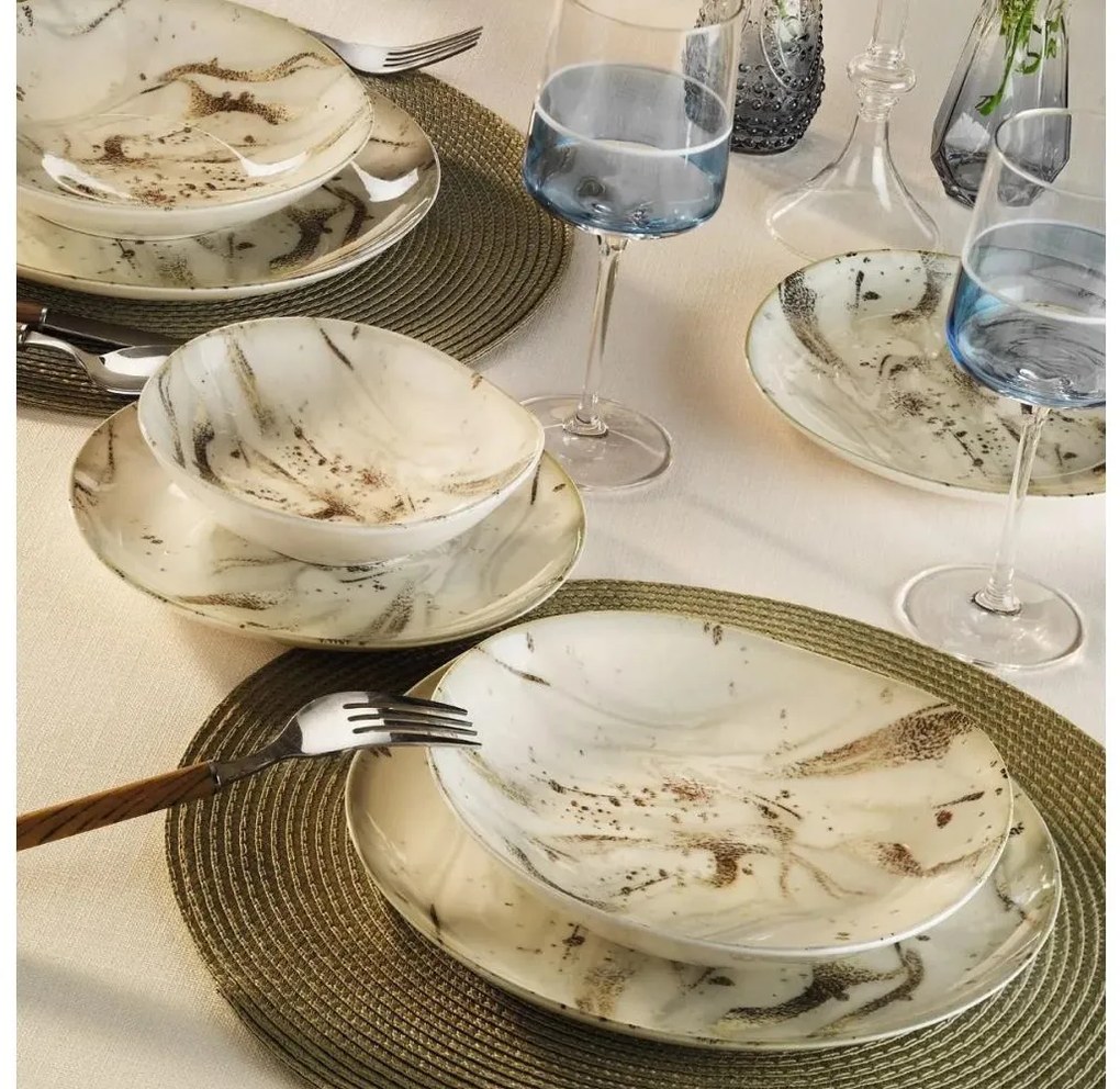 24 részes porcelán étkészlet, fehér/barna