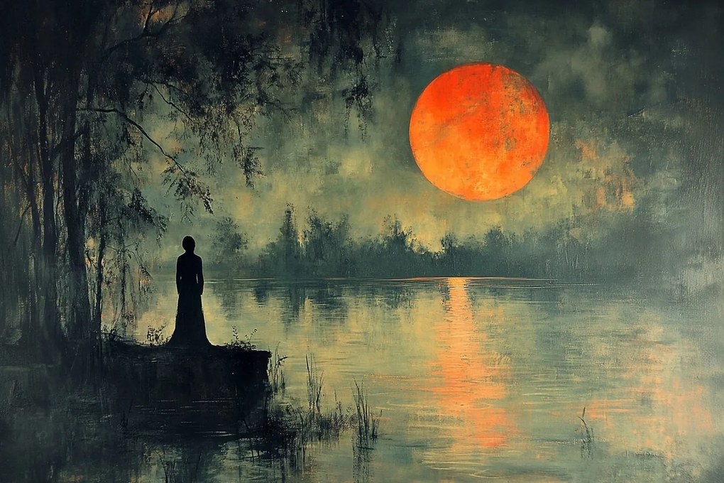 Vászonkép Canvas Tájkép Tó Hold Figura Nő Éjszaka 60x40