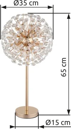 Globo 64135T Asztali lámpa, fém arany színű, átlátszó K9 kristályok, kábel PVC átlátszó, billenőkapcsoló a kábelen, ø: 350mm, M: 650mm, kábel hossza 1500mm, izzókkal/10676/: 8x G9 LED 3.5W 230V, 350lm forrás, 350lm kimenet, 3000K