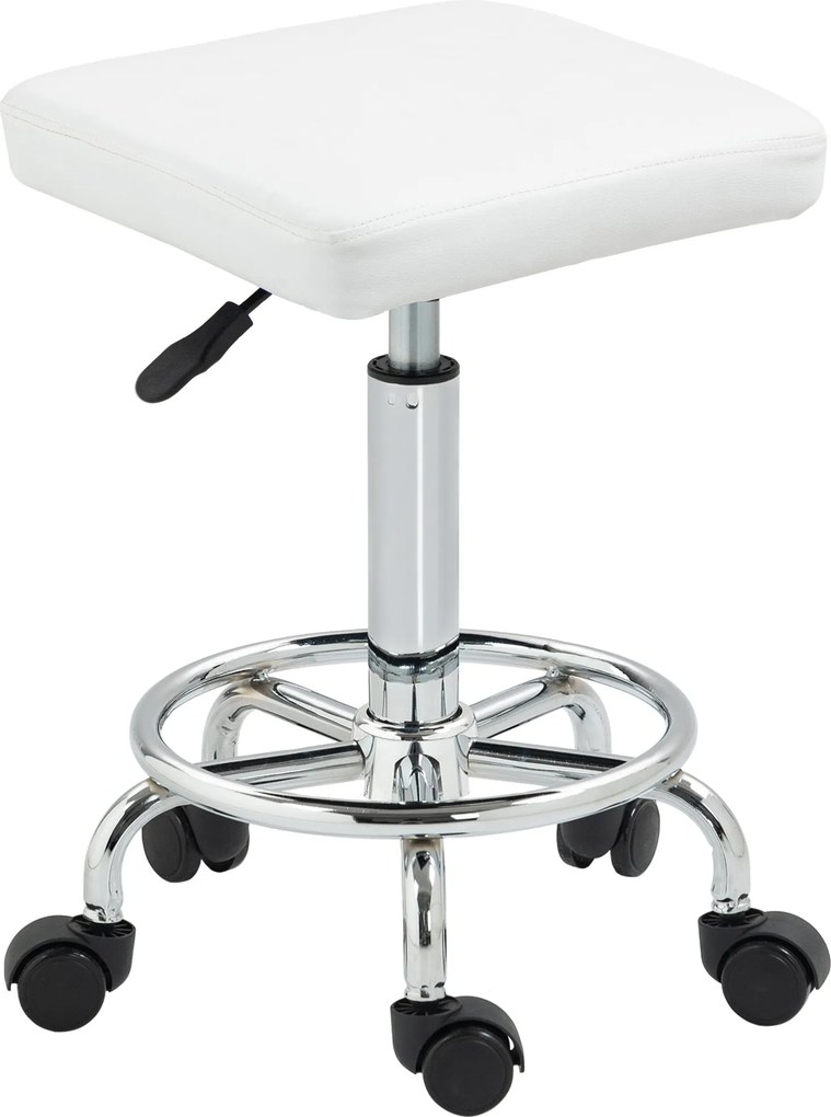 HOMCOM Forgószék Kerekekkel Állítható Magasságú 50-66 cm Kárpitozott Ülés PU Bőr Lábpihentető Nappalikhoz és Műhelyekhez - Fehér | Aosom