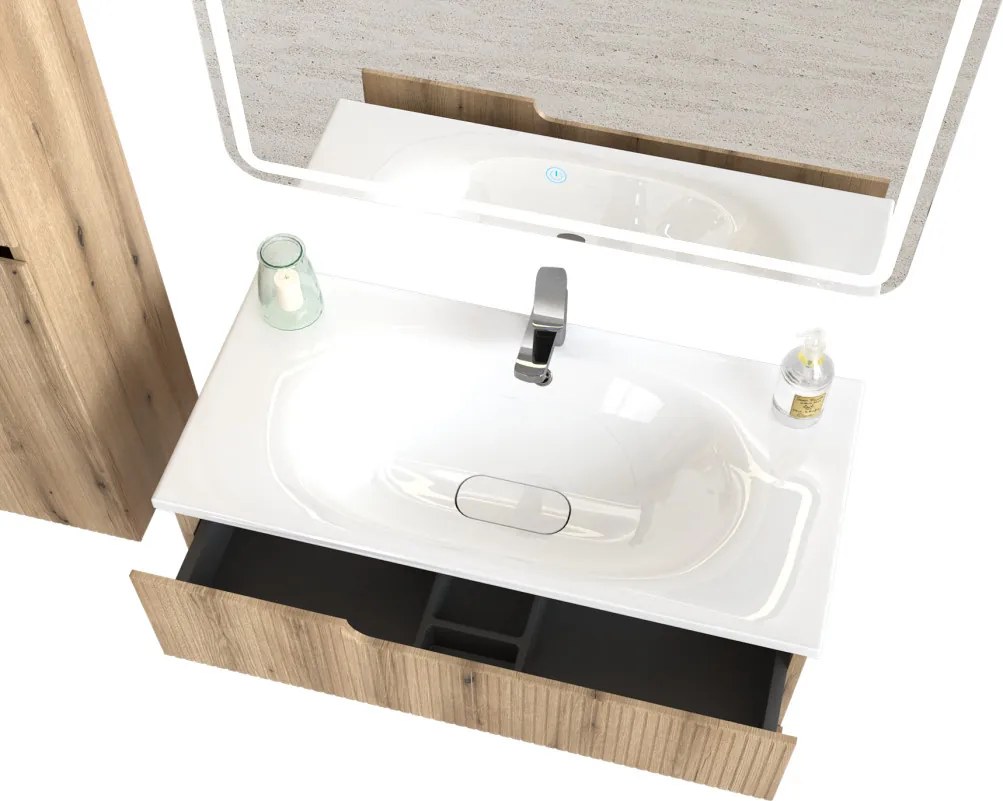 Piramida EURIDIKA fali fürdőszobabútor - műmárvány mosdóval -2 fiókos - PINO TÖLGY - 100 x 48 x 53 cm