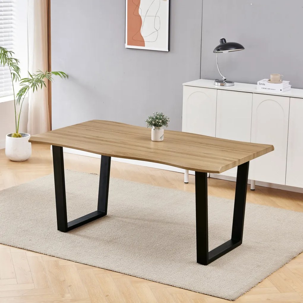 Masă de sufragerie, 160x90x75 cm, blat MDF, decor stejar salbatic, picioare metalice in forma de U