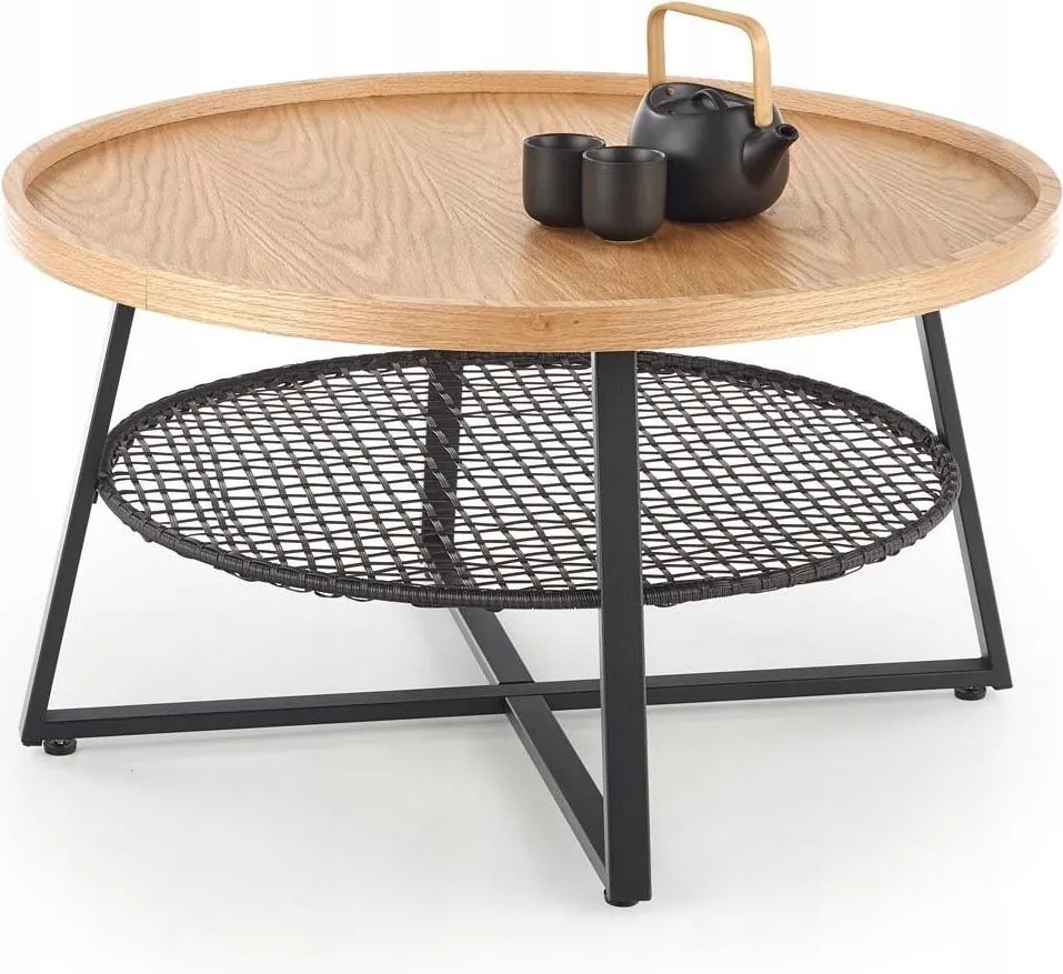 Kerek dohányzóasztal polccal nappaliba fekete/tölgy