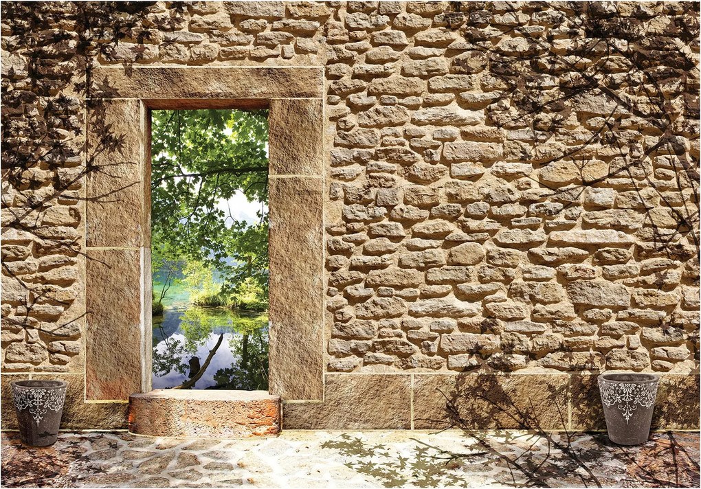 Fotótapéta Kőfal és Természet Perspektíva Nyugalom Zöld 200x140 +ragasztó